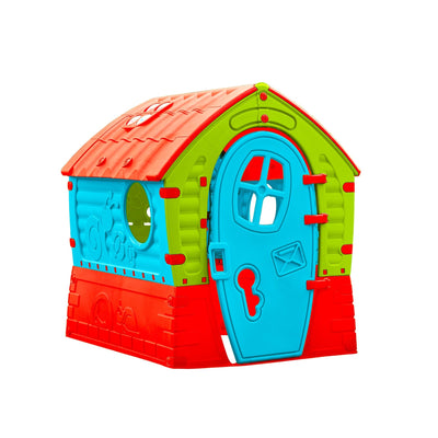 The TP Toys Palplay Plastic Dream Playhouse features UV-resistant plastic with a red roof, green walls, and blue door with windows, keyhole, and mail slot—ideal for indoor or outdoor play, shown on a white background.