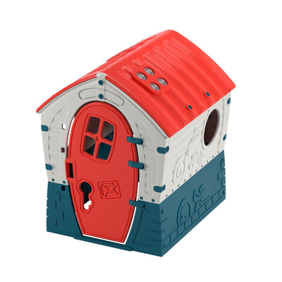 The TP Toys Palplay Plastic Dream Playhouse features a red roof and door, white walls, blue base, and a round side window—perfect for versatile indoor or outdoor fun.