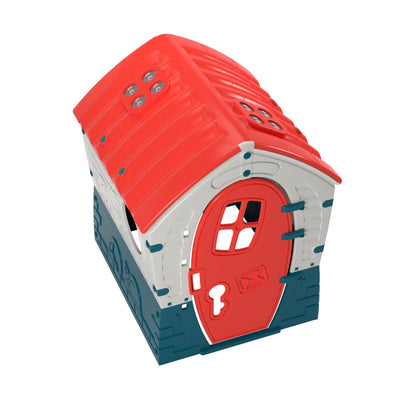 The TP Toys Palplay Plastic Dream Playhouse features a red roof, gray and blue walls, and a red door with window and keyhole designs for indoor or outdoor use.