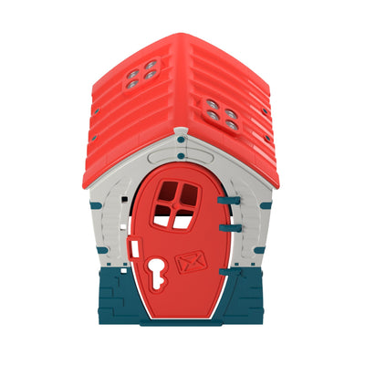 The TP Toys Palplay Plastic Dream Playhouse features a red, white, and blue design with a rounded door, keyhole detail, sunroof window, and small windows—offering UV-resistant indoor or outdoor fun.
