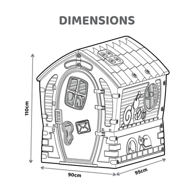 Black and white illustration of the TP Toys Palplay Plastic Dream Playhouse for indoor and outdoor use, showing labeled dimensions: 110 cm tall, 90 cm wide, and 95 cm deep.