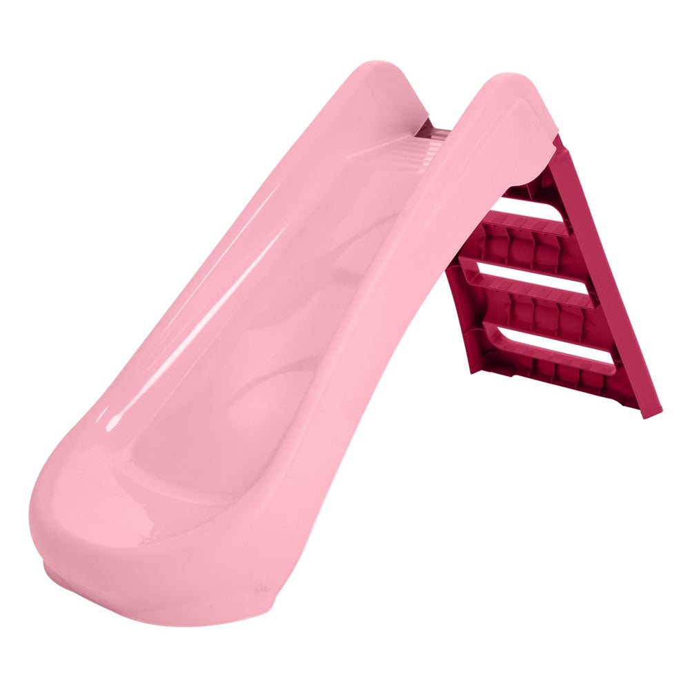 The TP Toys PalPlay Pink & White Plastic Folding First Slide is a childrens slide, ideal for indoor or outdoor active play, shown here with a pink slide and maroon ladder on a white background.