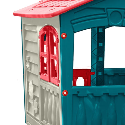 The TP Toys Palplay Plastic Playhouse of Fun features teal walls, a red roof and window, plus decorative touches—shown from a side angle view, its ideal for both indoor and outdoor play.
