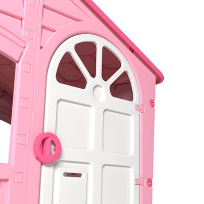 The TP Toys Palplay Plastic Playhouse of Fun - Candy Floss Edition features a pink and white sturdy design with an arched door, window panels, and a round pink handle—ideal for indoor and outdoor playhouse fun.