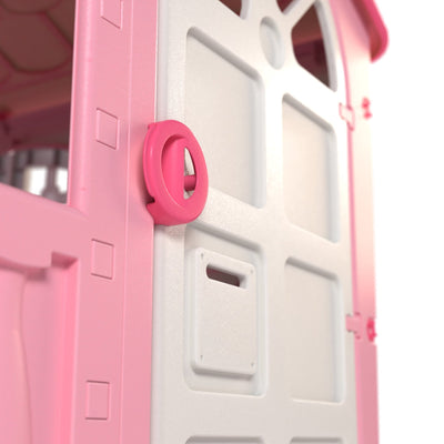 Close-up of the TP Toys Palplay Plastic Playhouse of Fun - Candy Floss Edition door, featuring a pink and white design with a round pink handle and geometric panels—ideal for indoor or outdoor play.
