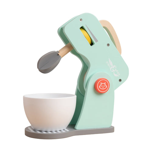 The TP Toys Owl & Fox Wooden Baking Set - FSC® certified features a pastel green toy mixer with handle, mixing attachment, and white bowl on a gray base—ideal for pretend play or as part of your wooden baking collection.