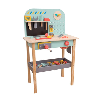 The TP Toys Owl & Fox Wooden Workbench Set – FSC® certified – features a sturdy kids bench with tools like a saw, wrench, and nuts for imaginative play and hands-on learning.