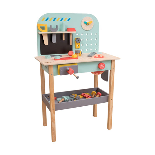 The TP Toys Owl & Fox Wooden Workbench Set – FSC® certified – features a sturdy kids bench with tools like a saw, wrench, and nuts for imaginative play and hands-on learning.