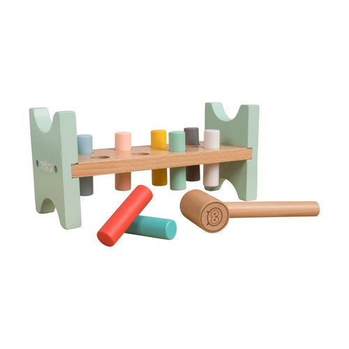 The TP Toys Owl & Fox Wooden Hammer Bench - FSC® certified features colorful pegs and a mallet, helping children develop hand-eye coordination as they hammer the pegs through the holes.