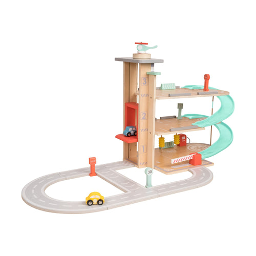 The TP Toys Owl & Fox Wooden Multi-storey Garage with Vehicle Transporter is an FSC® certified playset featuring ramps, an elevator, helicoper, looping roadway, toy cars, and accessories—ideal for imaginative Montessori play.