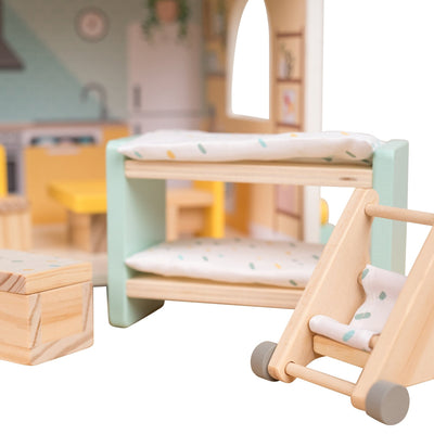 The Owl & Fox Wooden Dolls House Bedroom Set by TP Toys features a bunk bed with patterned linens, a chest, and a baby cradle on wheels—perfect pretend play accessories for imaginative fun. FSC® certified.