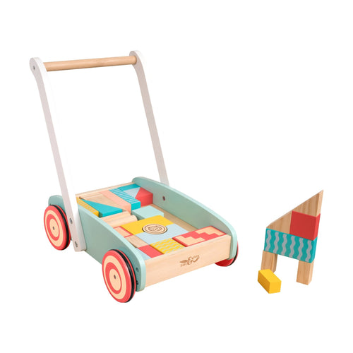 The TP Toys Owl & Fox Wooden Baby Walker and Blocks - FSC® certified features red wheels and comes with colorful blocks, some of which are stacked beside the walker.