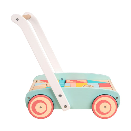 The TP Toys Owl & Fox Wooden Baby Walker and Blocks - FSC® certified features pastel colors, round red and cream wheels, and assorted wooden blocks for endless play.