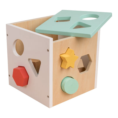 The Owl & Fox Wooden Shape Sorter by TP Toys is an FSC® certified wooden activity cube with a removable lid, featuring colorful geometric shapes like a star, circle, and hexagon for sorting fun.