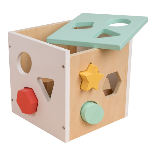 The Owl & Fox Wooden Shape Sorter by TP Toys is an FSC® certified wooden activity cube with a removable lid, featuring colorful geometric shapes like a star, circle, and hexagon for sorting fun.