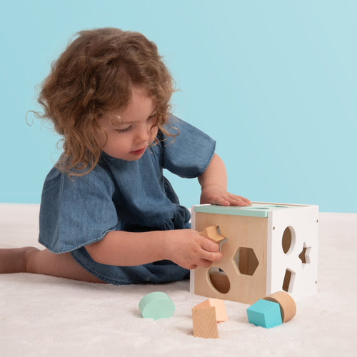 A young child sits on the floor, putting a wooden block into a matching hole on the TP Toys Owl & Fox Wooden Shape Sorter - FSC® certified. Several blocks from this activity toy are scattered nearby.