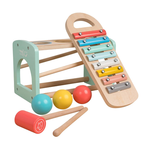 The TP Toys Owl & Fox Wooden Xylophone Bench (FSC® certified) includes a pastel xylophone, three colorful balls, a red mallet, and ball ramp rack—a perfect Montessori toy for fine motor skill development.