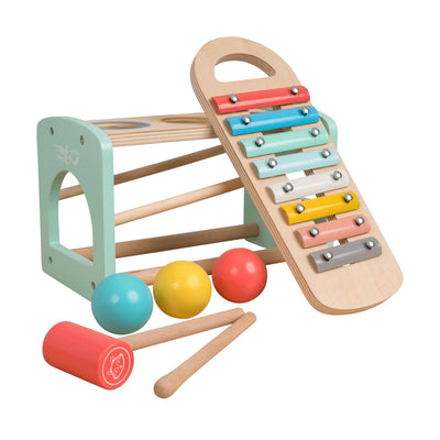 The Energetic Play Pack by TP Toys features a Pikler style climbing triangle plus the Owl & Fox Hammer Bench and Xylophone—ideal toddler toys for active play and musical fun.