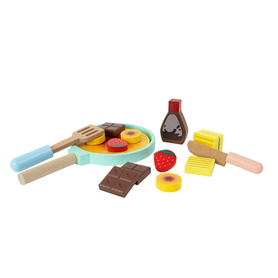 The TP Toys Owl & Fox Wooden Pancake Set - FSC® certified includes a frying pan, spatula, utensils, chocolate bars, syrup bottle, fruit slice, and yellow food pieces—ideal for imaginative pretend breakfast play.