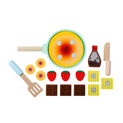 The TP Toys Owl & Fox Wooden Pancake Set (FSC® certified) includes a toy frying pan, strawberries, chocolate squares, syrup bottle, spatula, knife, banana and toast slices—perfect for delightful pretend play.