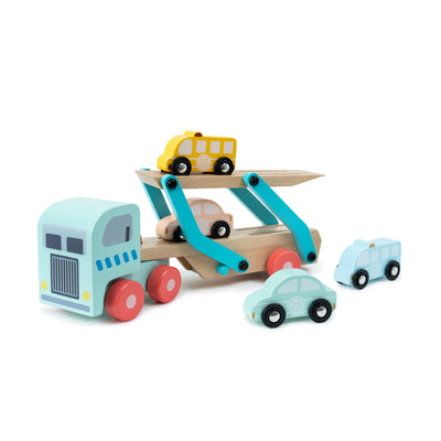 The TP Toys Owl & Fox Wooden Vehicle Transporter - FSC® certified features a sturdy wooden truck with a yellow car on top and three pastel-colored cars included.