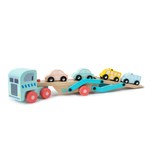 The TP Toys Owl & Fox Wooden Vehicle Transporter - FSC® certified, features a sturdy design and four pastel-colored cars, offering little ones a charming and eco-friendly play experience.