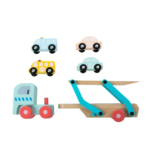 The Owl & Fox Wooden Vehicle Transporter by TP Toys features an FSC® certified wooden truck with a blue lift, plus four vehicles: a yellow bus, light blue and pink cars, and a blue van.