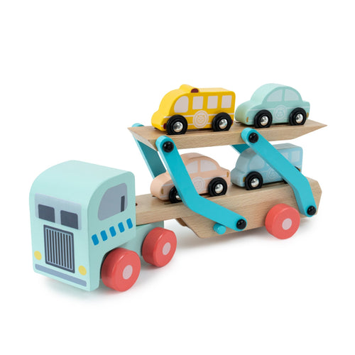 The Owl & Fox Wooden Vehicle Transporter by TP Toys features a blue cab, red wheels, and four colorful cars on two levels—a charming FSC® certified wooden truck perfect for little drivers.
