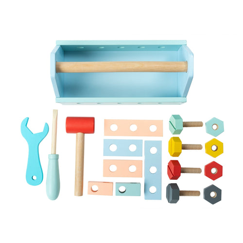 The TP Toys Owl & Fox Wooden Tool Caddy - FSC® certified features a blue tool caddy with a toy hammer, screwdriver, wrench, and colorful bolts, nuts, and flat plates to inspire imaginative play—all neatly displayed on a white background.