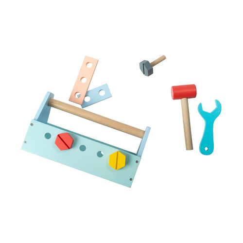 The TP Toys Owl & Fox Wooden Tool Caddy - FSC® certified features a blue caddy, colorful bolts, red toy hammer, blue wrench, and two perforated bars arranged on a white background for imaginative play.
