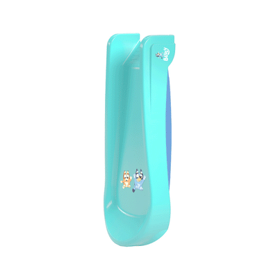 A TP Toys Bluey Plastic Folding Slide for toddlers in turquoise, featuring cartoon dog graphics on the side, is shown against a white background.