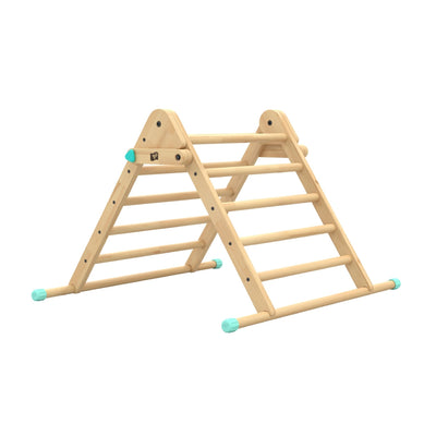 The TP Toys Active-Tots Pikler Style Wooden Climbing Triangle, FSC® certified, features rounded edges and light blue end caps. This Montessori toy is perfect for toddlers indoor play, promoting safe exploration and physical development.