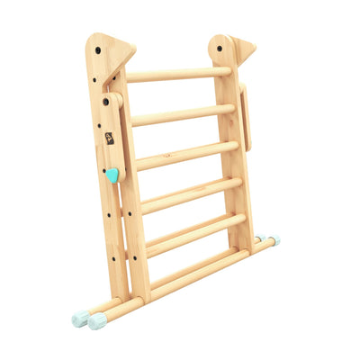 The TP Active-Tots Pikler Style Wooden Climbing Triangle by TP Toys is an FSC® certified Montessori climber for toddlers, featuring six horizontal rungs, sturdy triangular sides, blue end caps, and stands securely on flat surfaces.