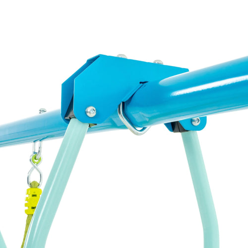 Close-up of the TP Toys TP Metal Swing Slide & Glide swing set frame, highlighting the blue metal top joint, bolts, and a yellow swing chain.
