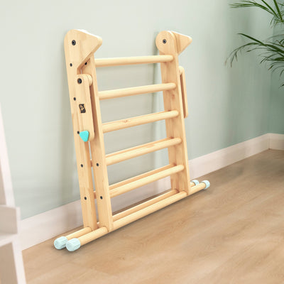A TP Toys Active-Tots Pikler Style Climbing Triangle, Bridge, Climbing Cube & Balance Board with blue end caps leans against a pale green wall on a wooden floor beside a potted plant.