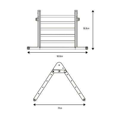 Black and white diagram of the TP Toys Active-Tots Pikler Style Wooden Climbing Triangle—FSC® certified; measures 58.8 cm tall, 90.8 cm wide when open, and 77 cm at the base—ideal toddler indoor climber or Montessori toy.