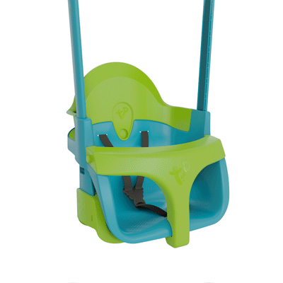 The TP Toys TP Small to Tall 2 in 1 Metal Swing Set with Quadpod features a blue and green plastic toddler seat with harness and high backrest, suspended by blue ropes. Its adjustable design ensures safe, comfortable play as your child grows.