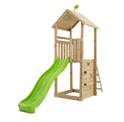 The TP Skywood Wooden Tower Climbing Frame with Ripple Slide by TP Toys features an FSC® certified wooden play structure, 8ft Ripple slide, and climbing tower.