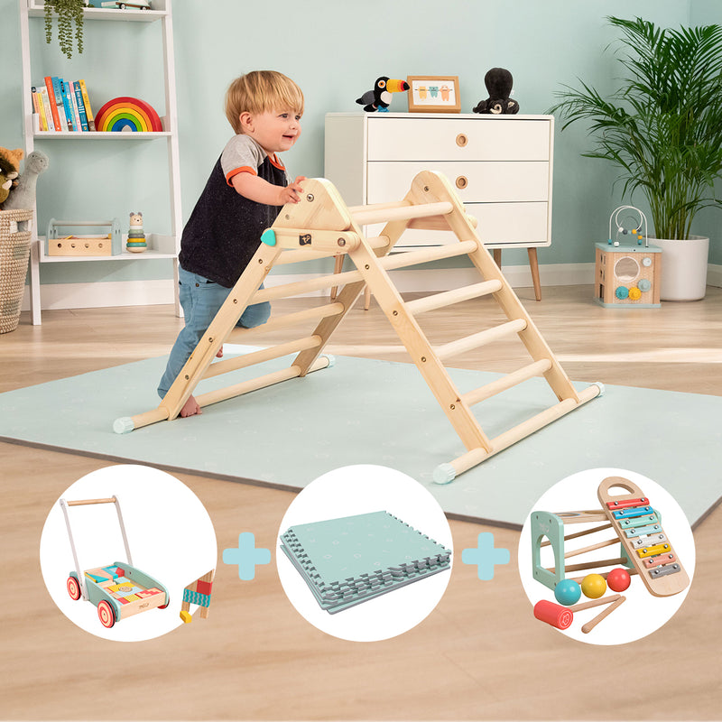 The Creators Play Pack: TP Active-Tots Pikler Style Wooden Climbing Triangle with Safety Play Mats, Owl & Fox Baby Walker and Owl & Fox Xylophone
