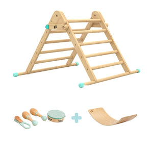 The Adventurer Play Pack: TP Active-Tots Pikler Style Wooden Climbing Triangle with Active-Tots Balance Board and Owl & Fox Musical Instrument Assortment