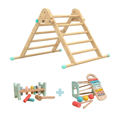 The Energetic Play Pack by TP Toys includes a Pikler-style climbing triangle, an Owl & Fox hammer bench, and a xylophone—ideal toddler toys for creative play. All items are shown on a white background.