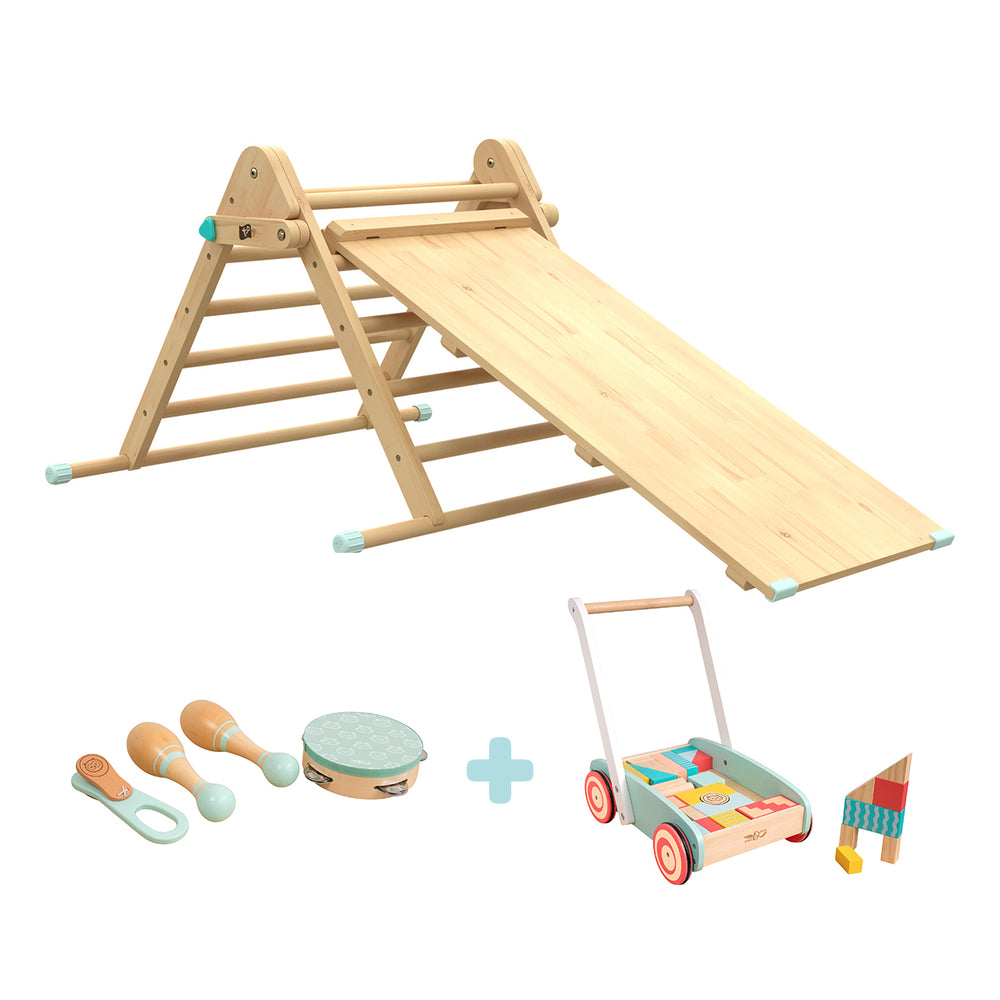 The Imagination Play Pack: TP Active-Tots Pikler Style Wooden Climbing Triangle & Slide with Owl & Fox Baby Walker and Owl & Fox Musical Instrument Assortment
