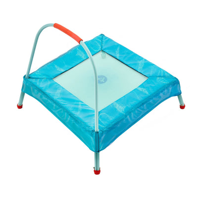 The TP Toys TP Junior Trampoline is a blue indoor trampoline featuring protective padding and a curved handlebar—ideal as your child’s first trampoline.