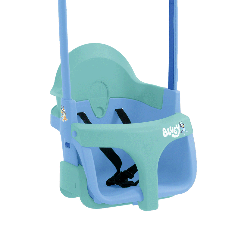 The TP Toys Bluey Quadpod® 4 in 1 Baby Swing Seat in blue and green features a safety harness and Bluey character stickers, adapting as your child grows for fun and security at every stage.