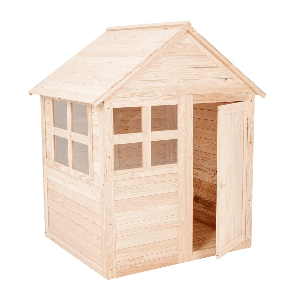The Buttercup Cottage Wooden Playhouse with Floor by TP Toys features a pitched roof, two window panels, and an open door, all crafted from light-colored, unfinished FSC® certified wood.