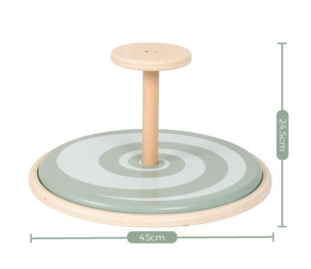 TP Active-Tots Pikler Style Wooden Spinning Seat with a central vertical post and a green and white spiral pattern, measuring 24.5cm in height and 45cm in diameter.