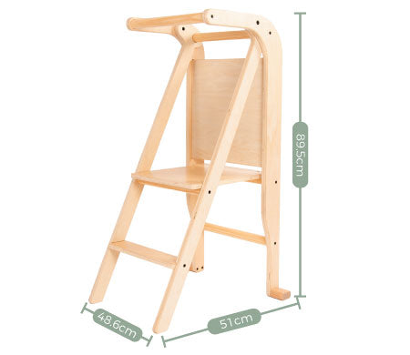 TP Active-Tots Pikler Style Wooden Helper Tower with two steps and dimensions of 89.5cm height, 51cm depth, and 48.6cm width.