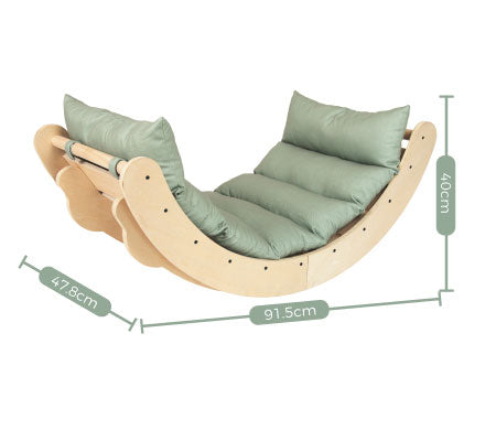TP Active-Tots Sway Wooden Rocker with Cushion, a curved, Montessori-inspired wooden rocker in sage green, measuring 40cm high, 91.5cm long, and 47.8cm wide.