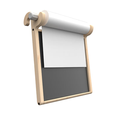 The TP Active-Tots Pikler Style Wooden Easel Play Accessory by TP Toys is a wall-mounted, FSC® certified kids easel featuring a white paper roll above a black chalkboard, offering both chalkboard and paper scroll for creative play.
