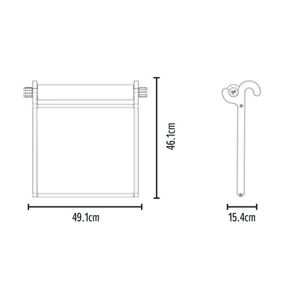 Technical line drawing of the TP Toys TP Active-Tots Pikler Style Wooden Easel Play Accessory (FSC® certified), measuring 49.1 cm wide by 46.1 cm tall, with a 15.4 cm hook-shaped extension for holding a chalkboard and paper scroll.